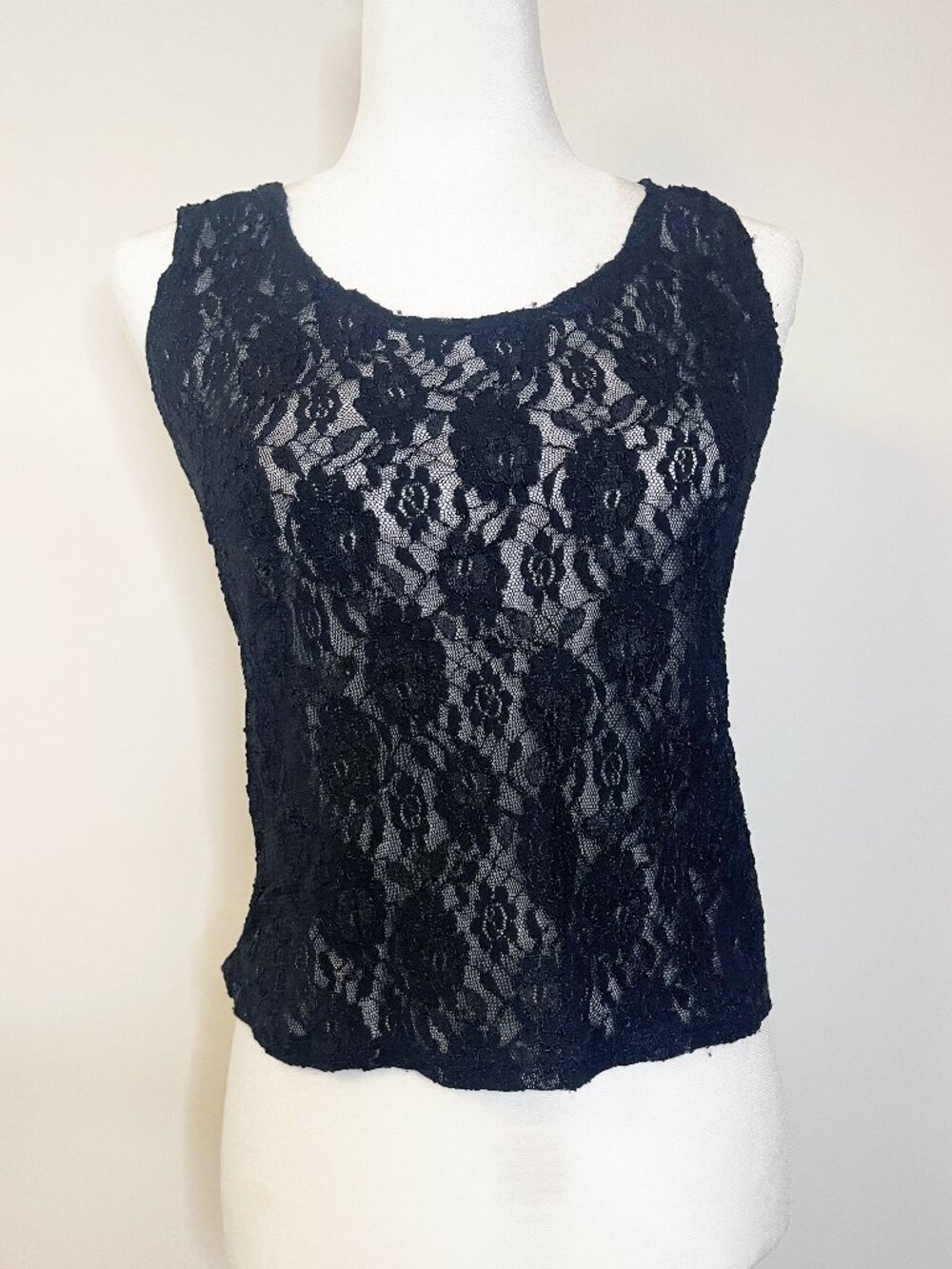 Sears Vintage Black Floral Lace Sheer Tank Top Size Small Romantic Goth